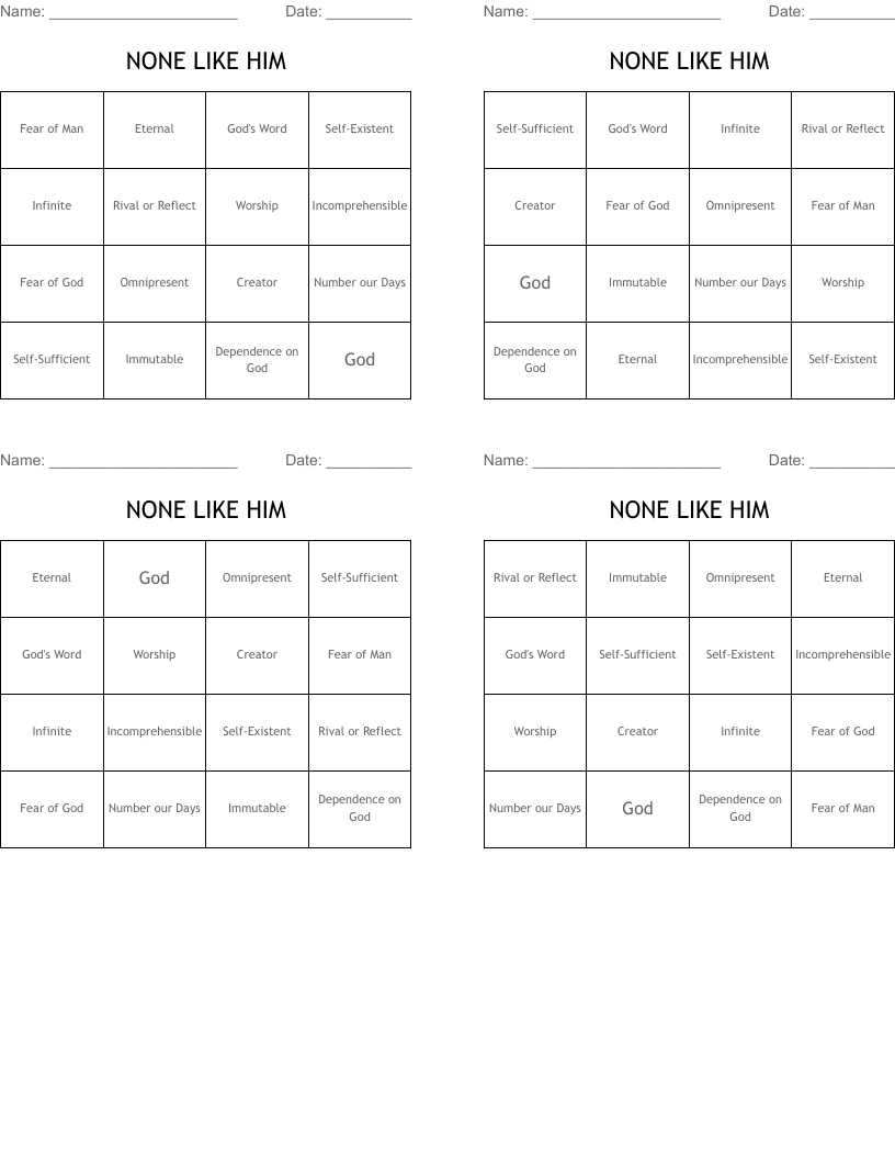 NONE LIKE HIM Bingo Cards