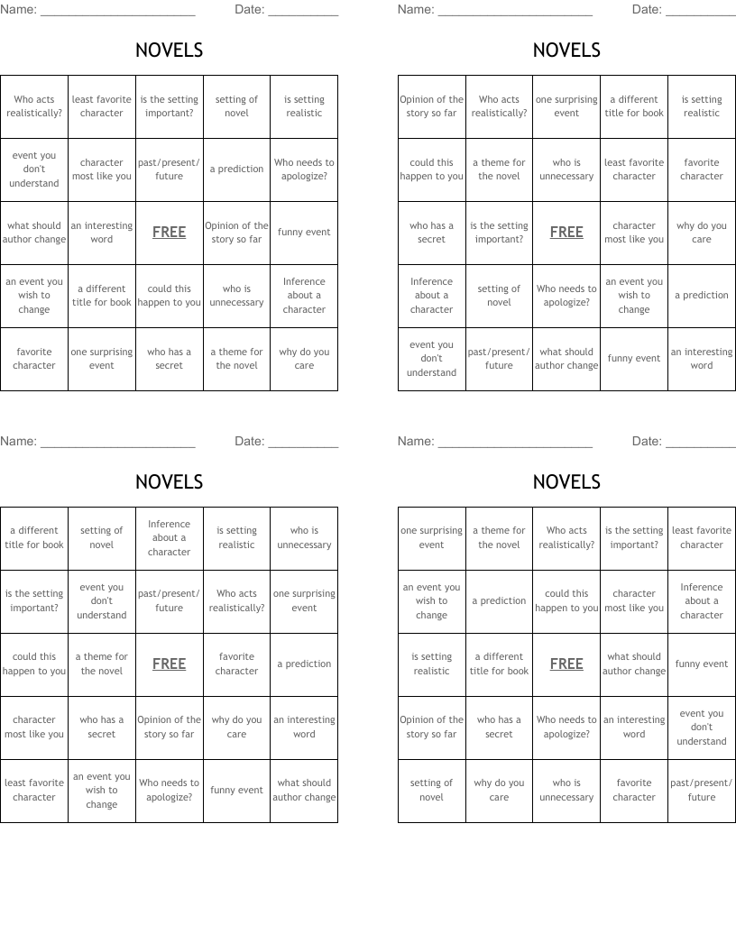 NOVELS Bingo Cards