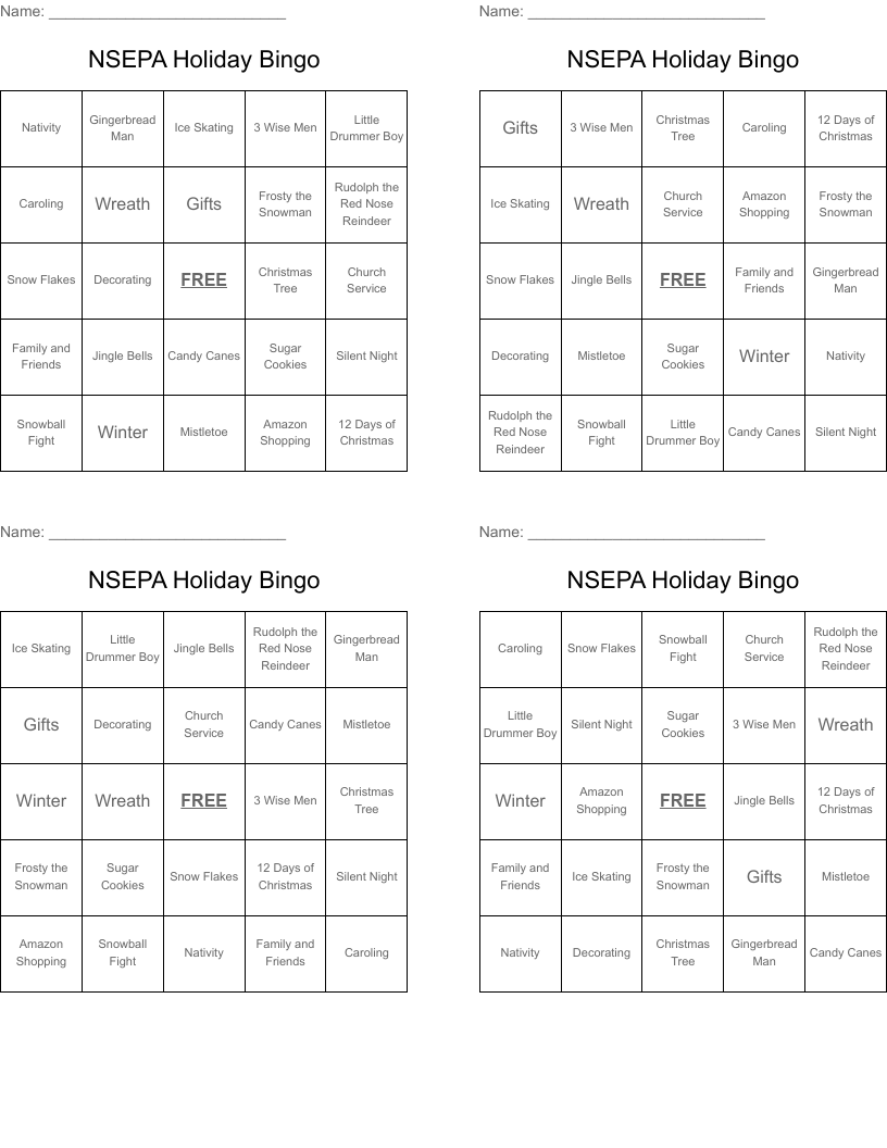 NSEPA Holiday Bingo