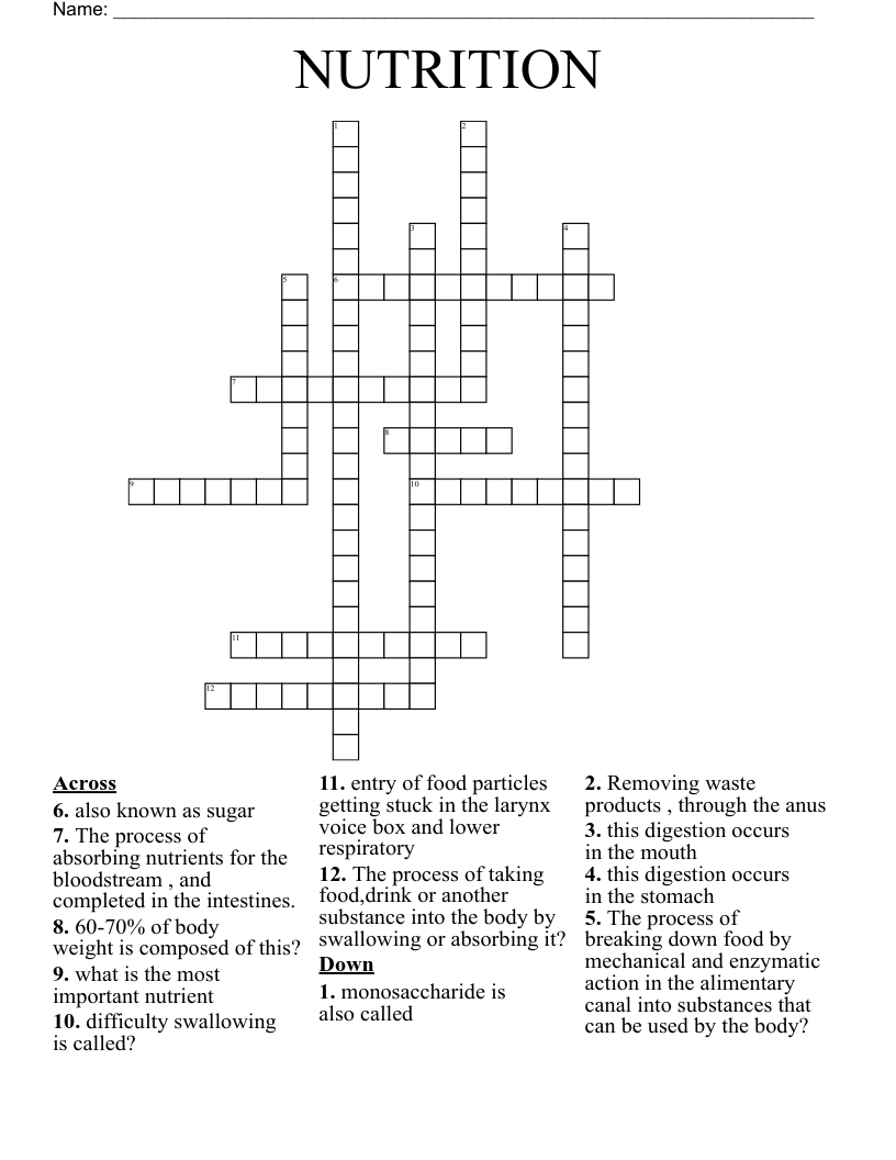 NUTRITION Crossword WordMint