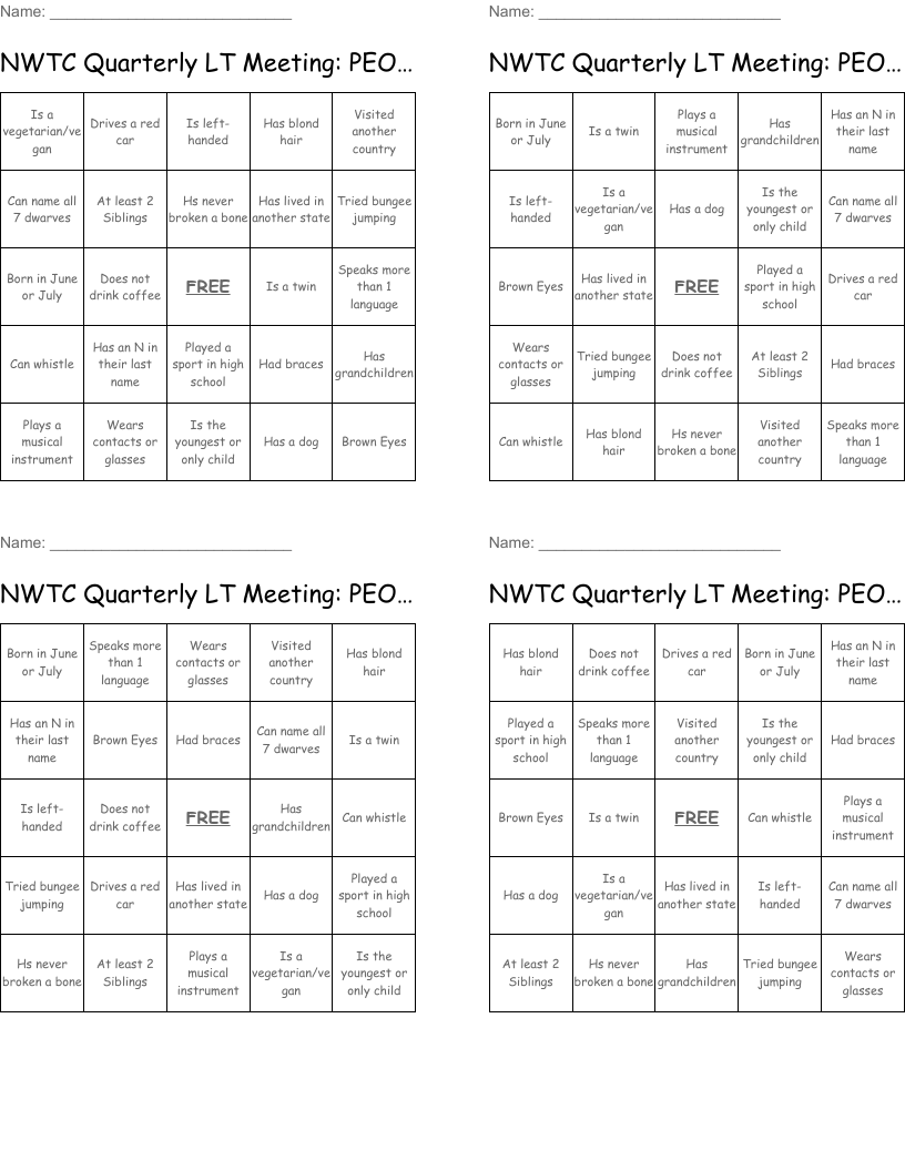 NWTC Quarterly LT Meeting:  PEOPLE BINGO