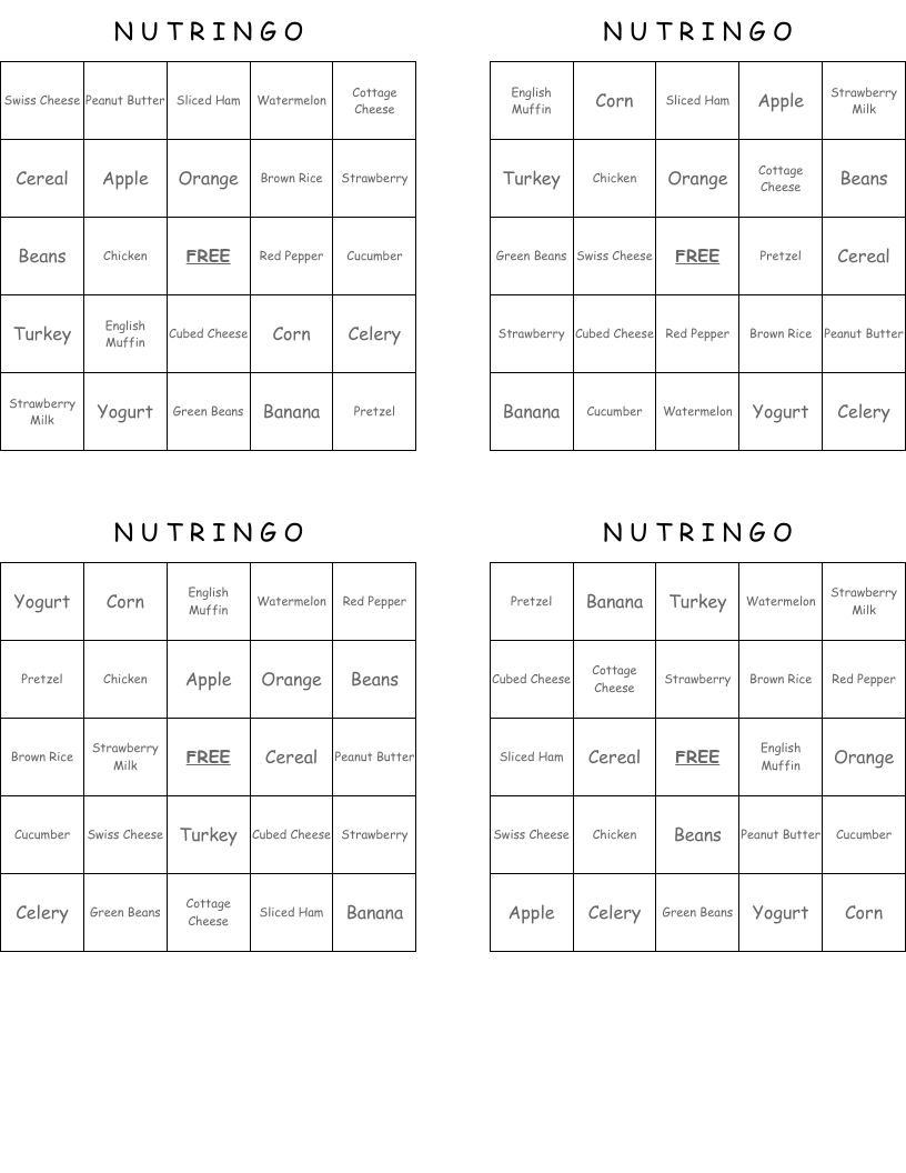 N U T R I N G O Bingo Cards