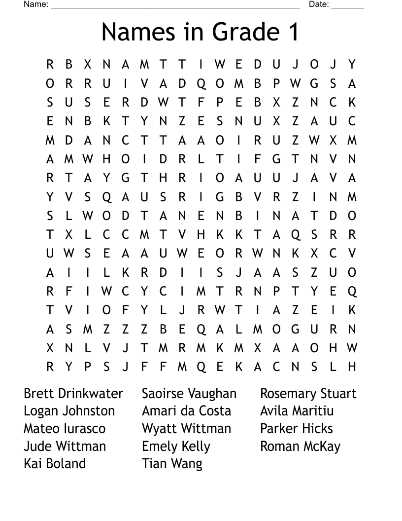 Names in Grade 1 Word Search