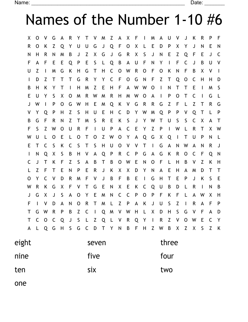 Names of the Number 1-10 #6 Word Search