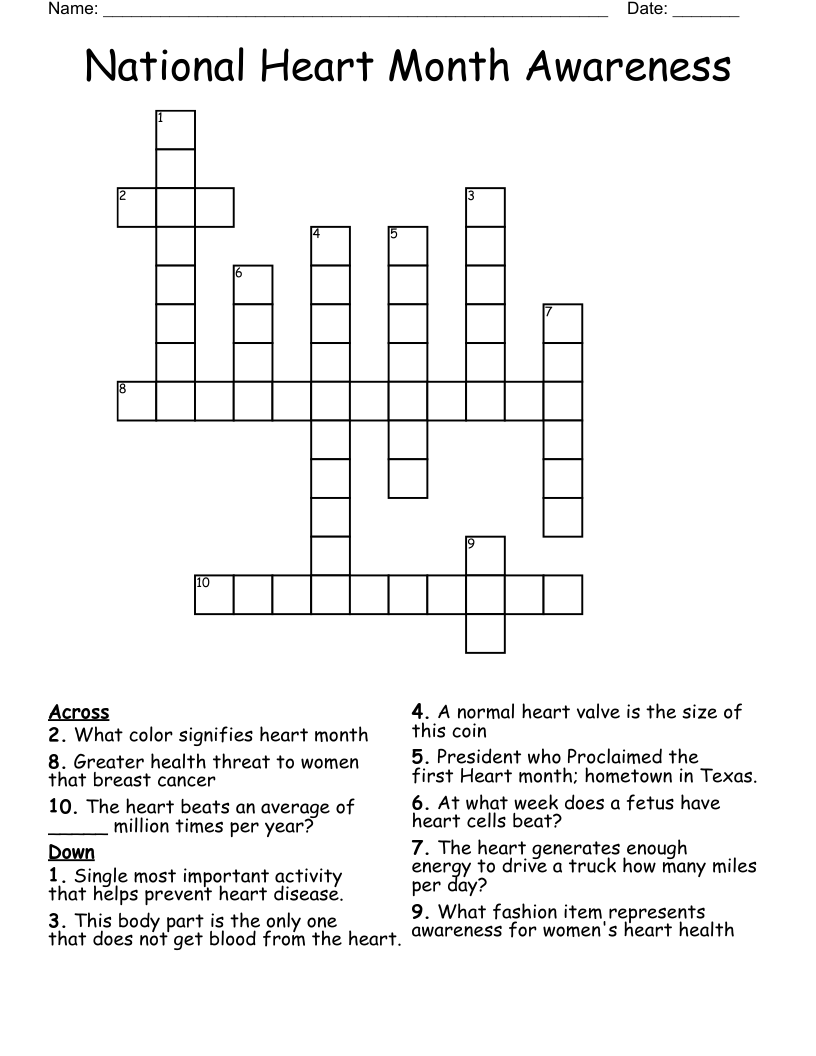 Heart Health Awareness Crossword WordMint