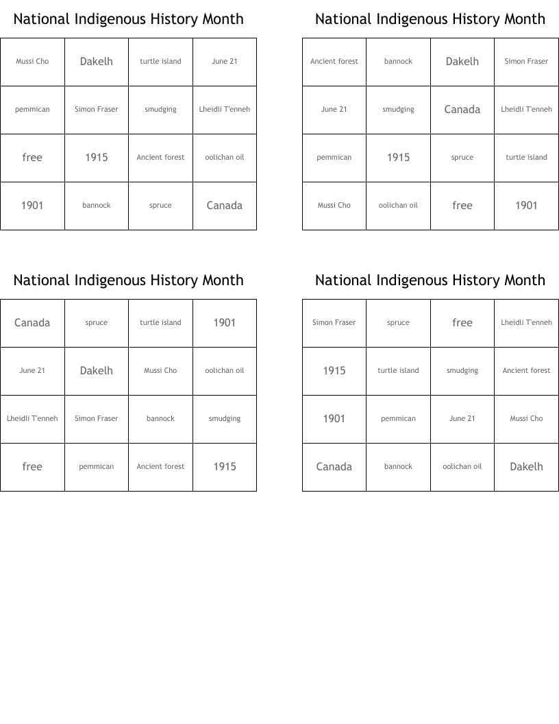National Indigenous History Month  Bingo Cards