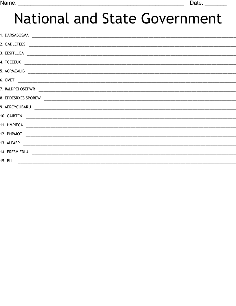 National and State Government Word Scramble - WordMint