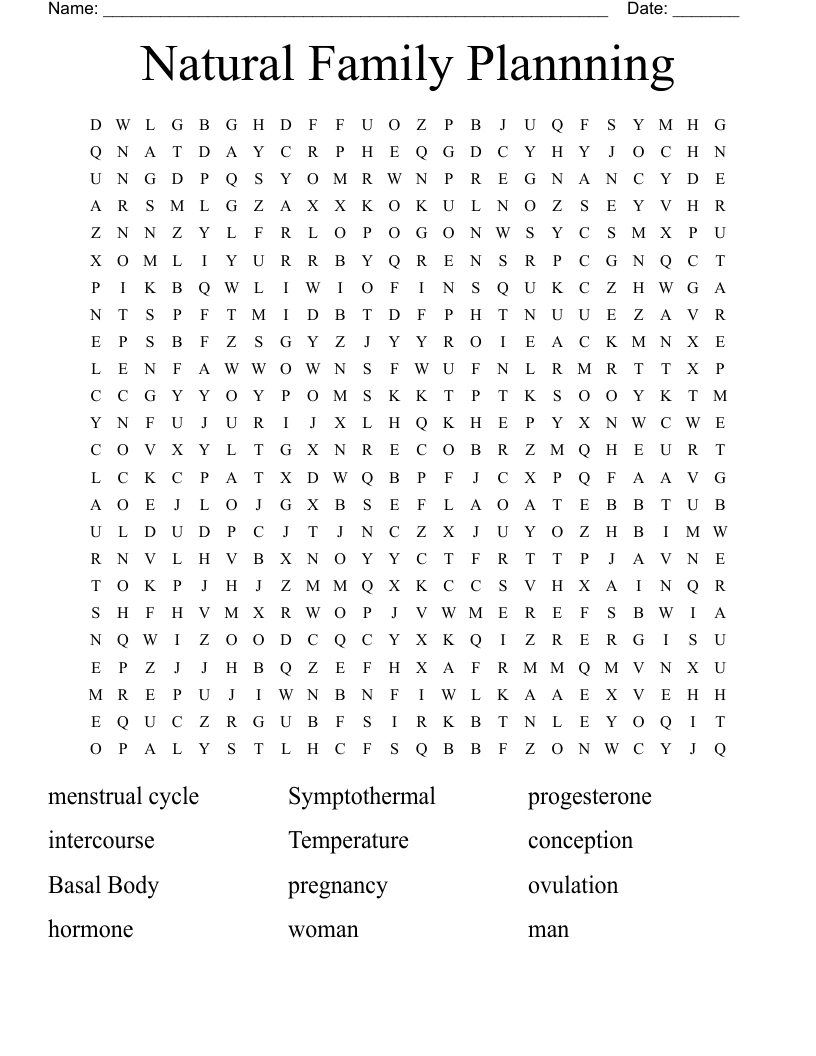 Natural Family Plannning Word Search