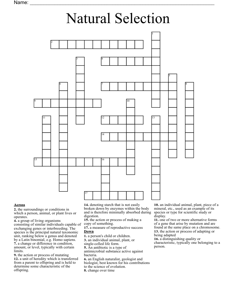 Natural Selection Crossword Puzzle Answers