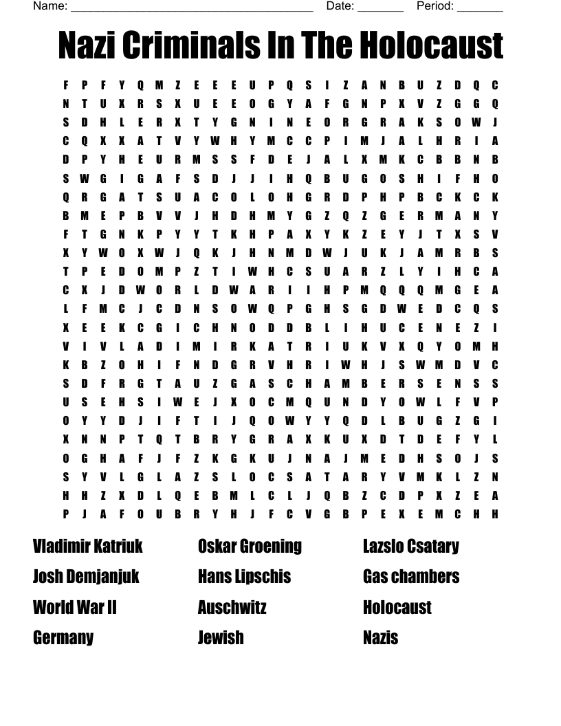 Nazi Criminals In The Holocaust Word Search