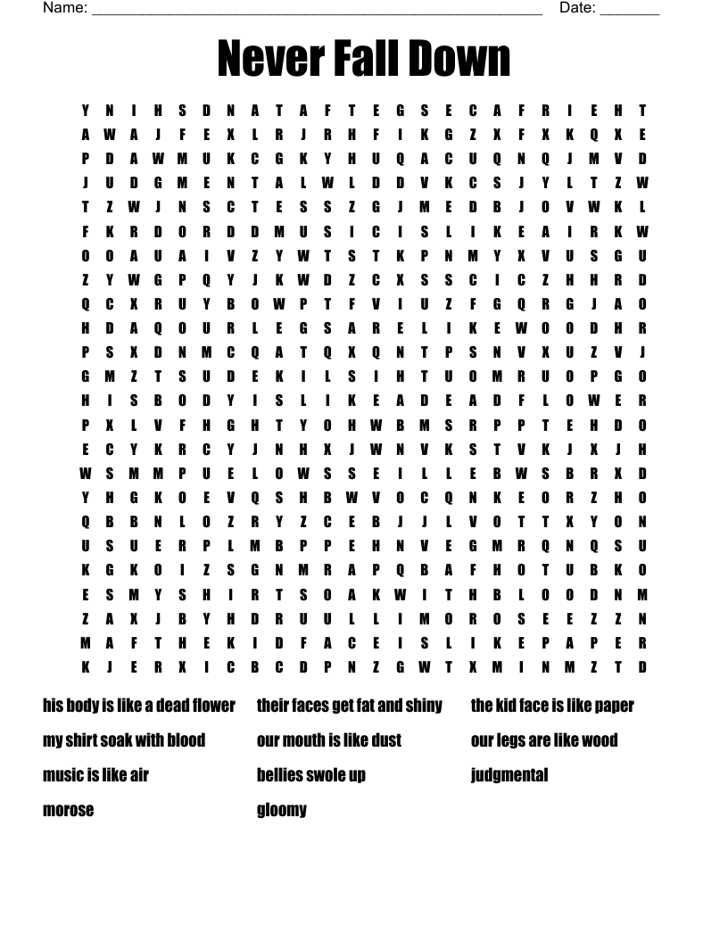Never Fall Down Word Search
