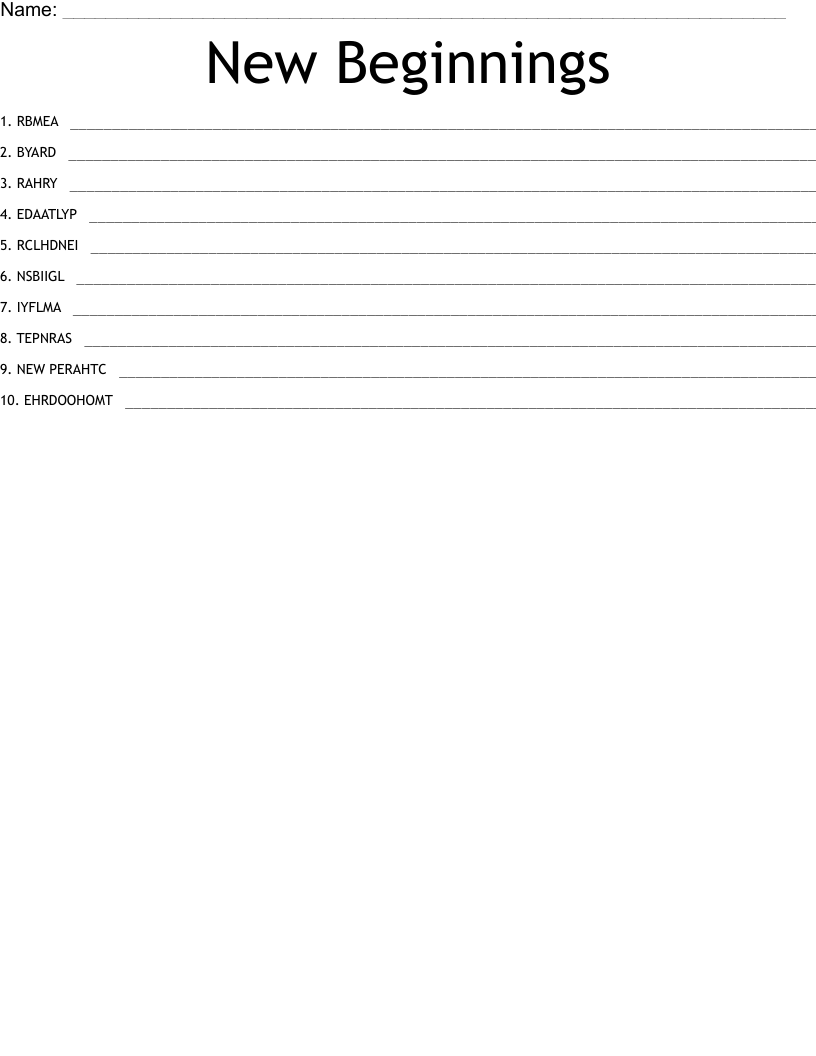 New Beginnings Word Scramble WordMint