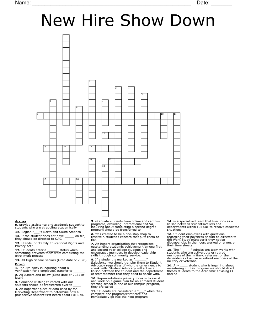 New Hire Show Down Crossword
