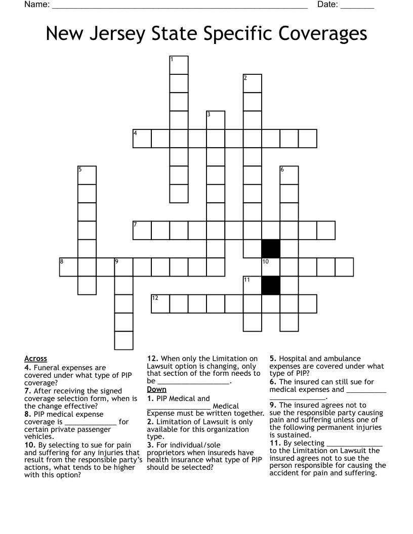 New Jersey State Specific Coverages Crossword WordMint