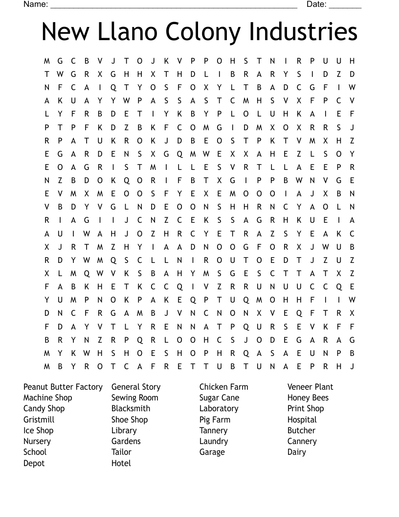 New Llano Colony Industries Word Search