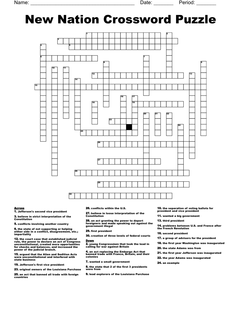 A New Nation Crossword Puzzle Answers
