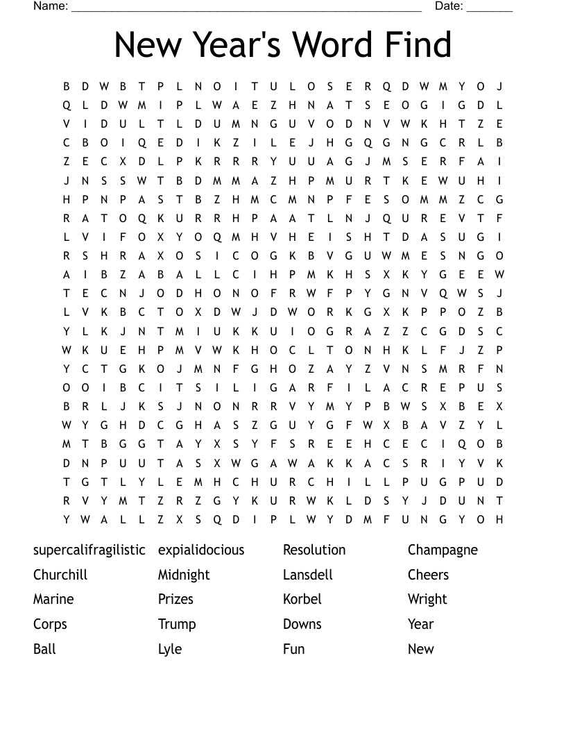 New Year's Word Find Word Search