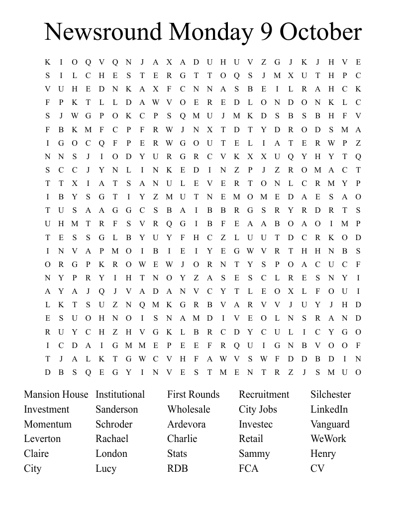 Newsround Monday 9 October Word Search