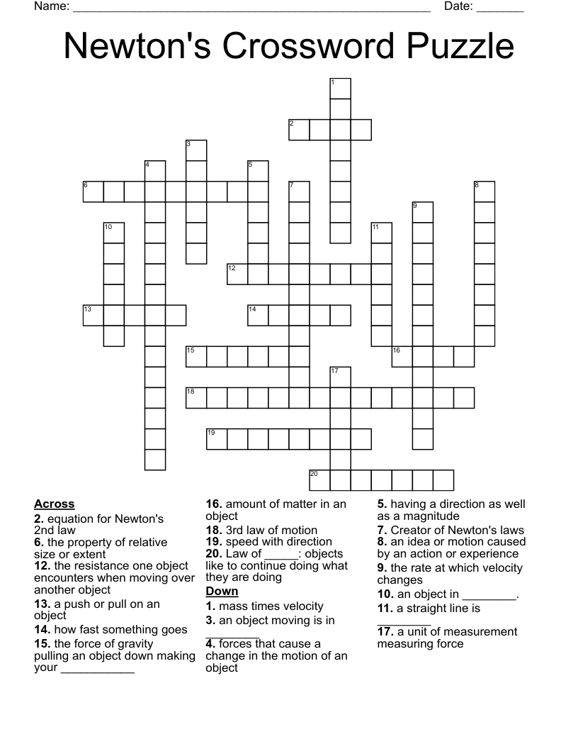 Newton s Laws Of Motion Crossword WordMint