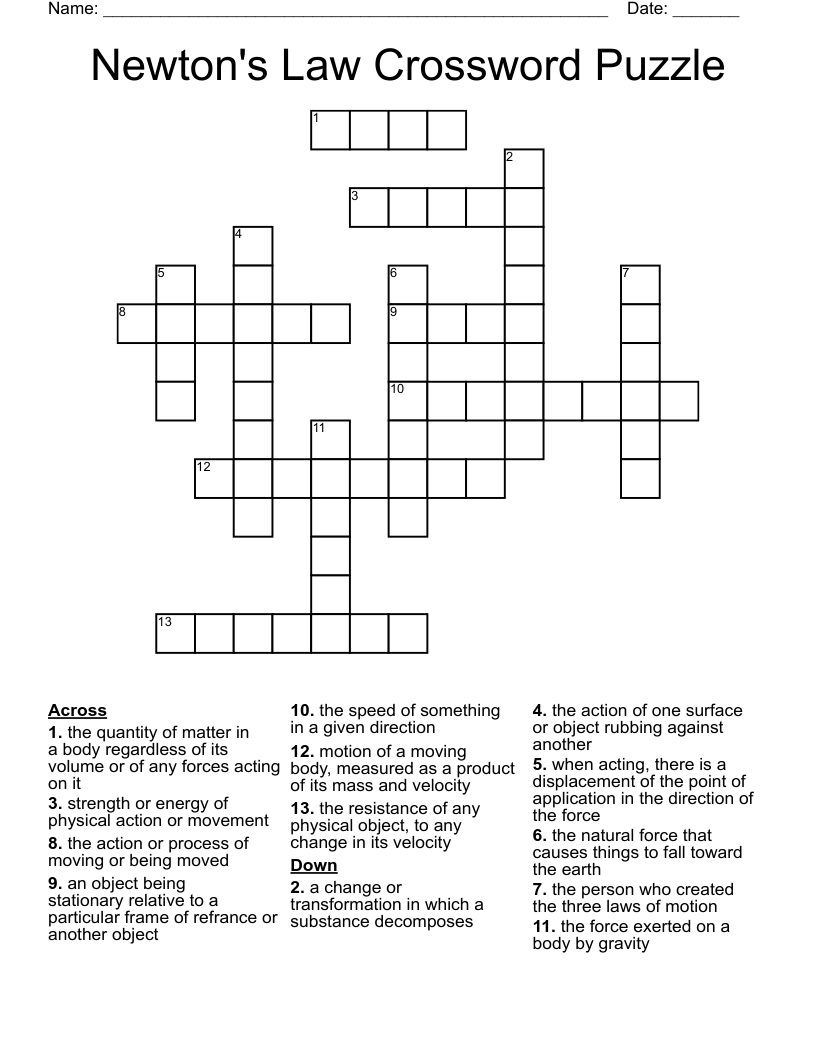 Newton s Law Crossword Puzzle WordMint