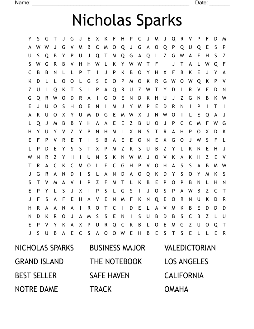 Nicholas Sparks Word Search