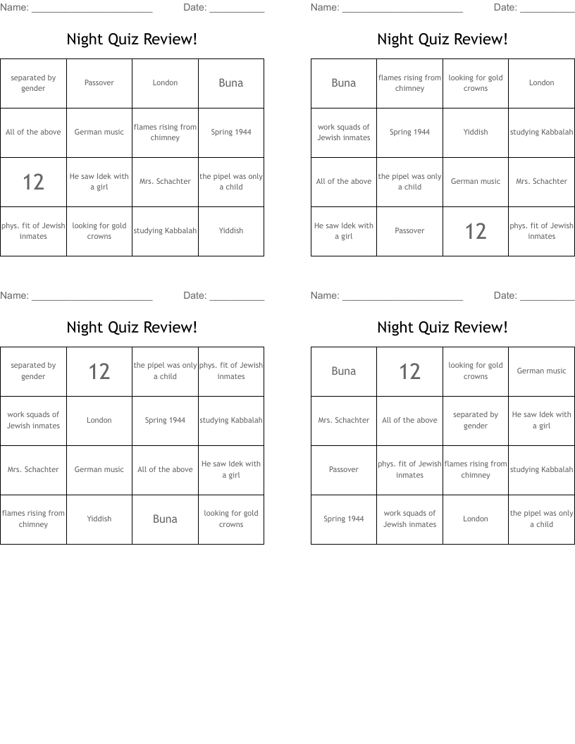 Night Quiz Review!  Bingo Cards