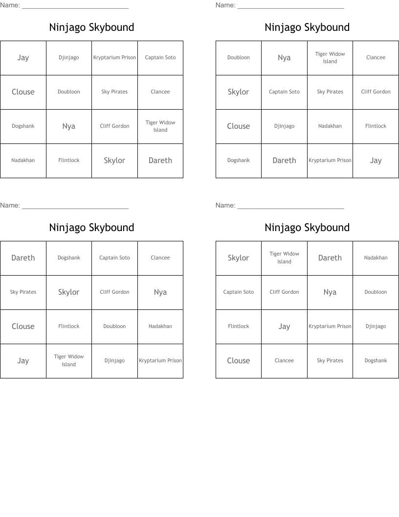 Ninjago Skybound Bingo Cards