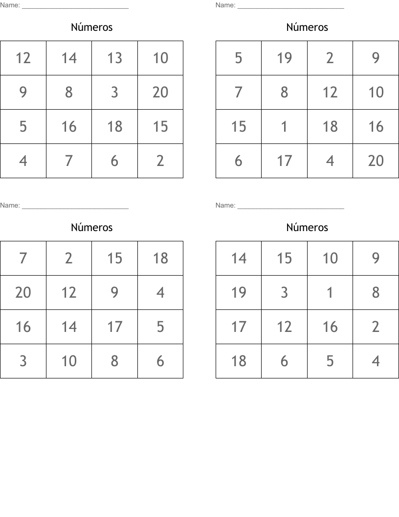 Números Bingo Cards