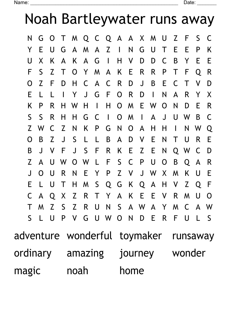 Noah Bartleywater runs away Word Search