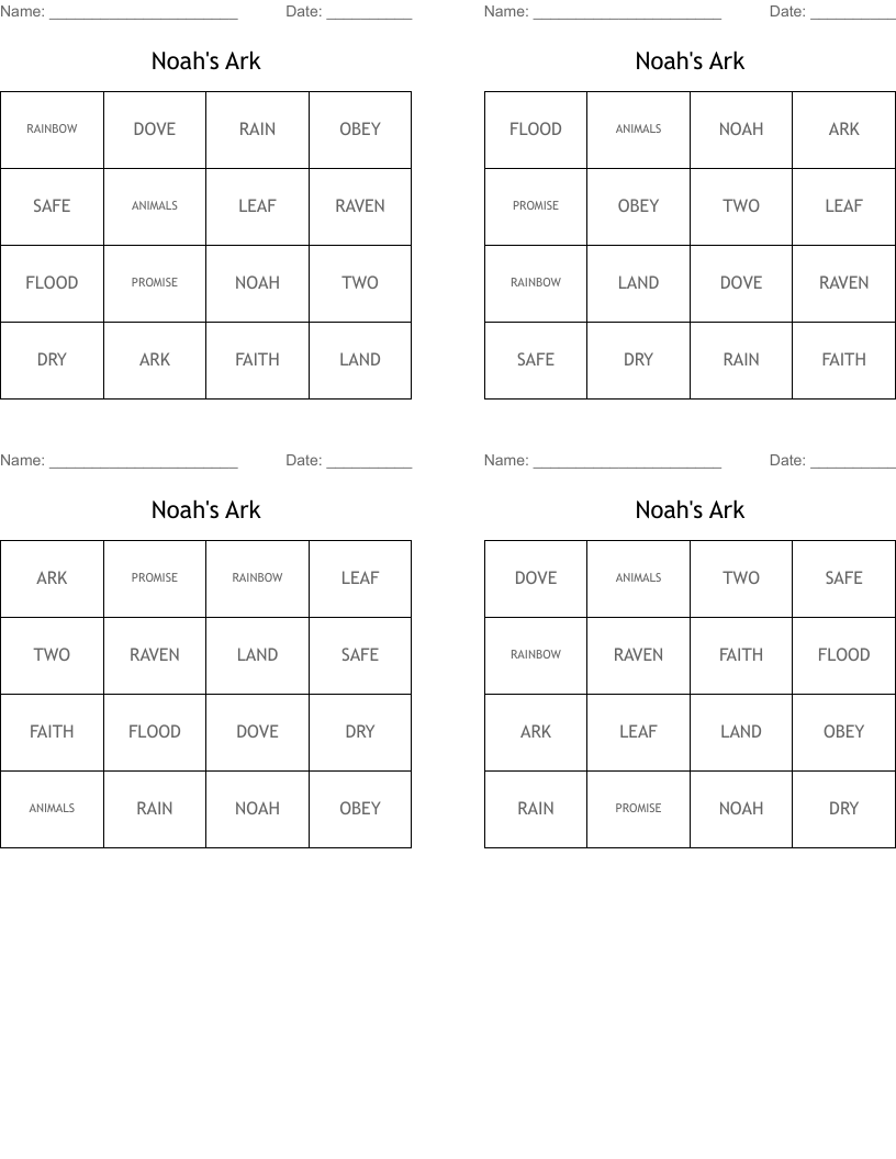 Noah s Ark Bingo Cards WordMint
