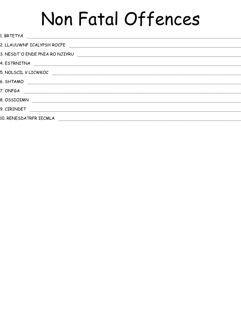 Non Fatal Offences Word Scramble