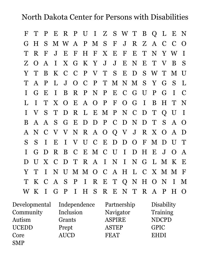North Dakota Center for Persons with Disabilities Word Search WordMint