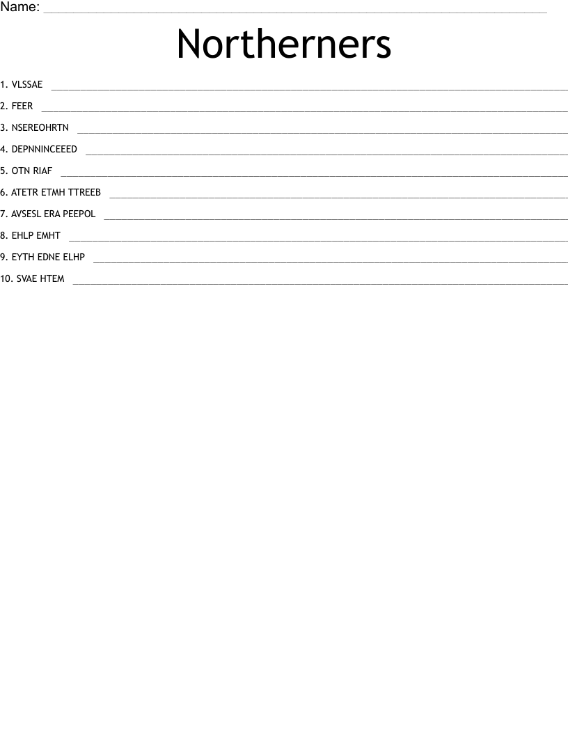 Northerners Word Scramble