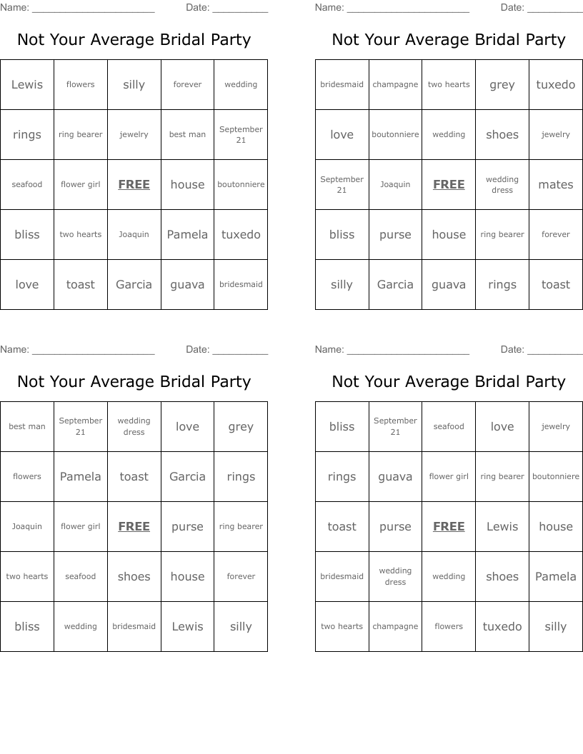 Not Your Average Bridal Party  Bingo Cards