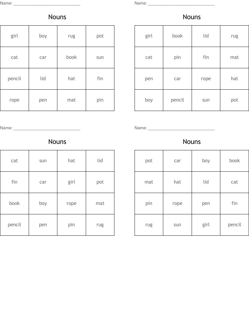 Types of Nouns Bingo Card