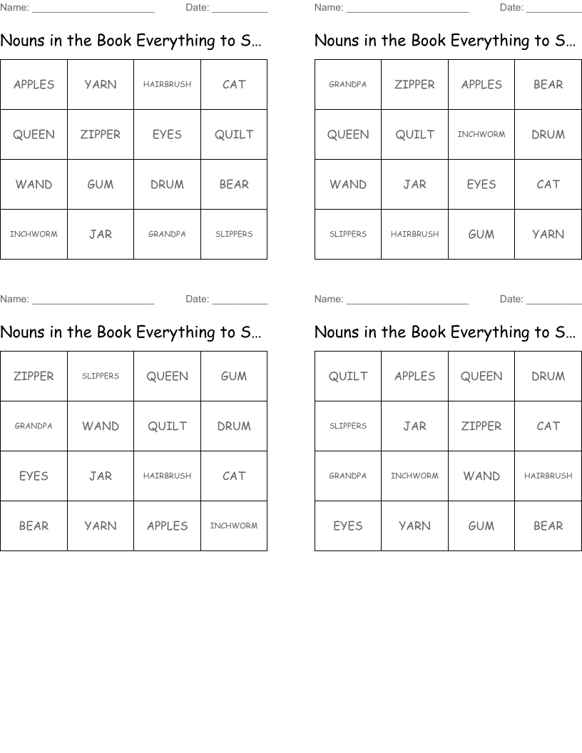 Nouns in the Book Everything to Spend the Night Bingo Cards