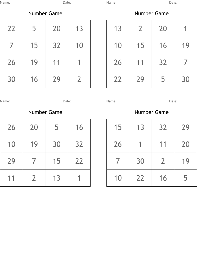 Number Game Bingo Cards