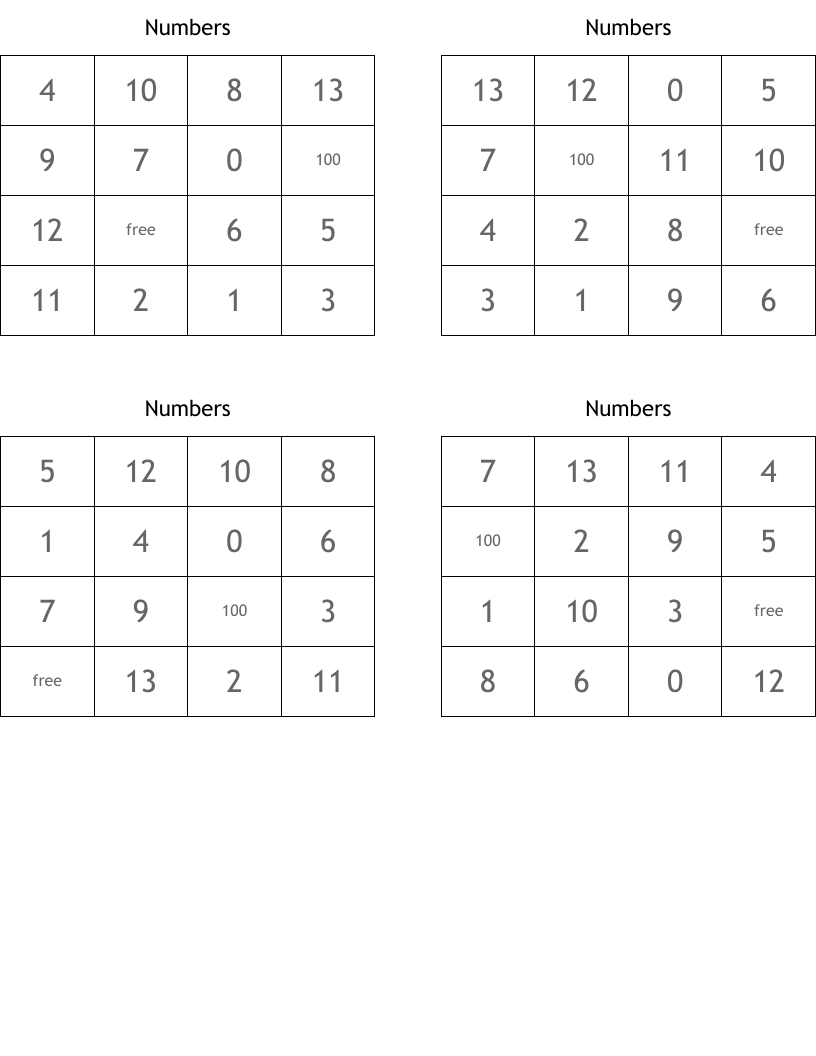 Numbers Bingo Cards