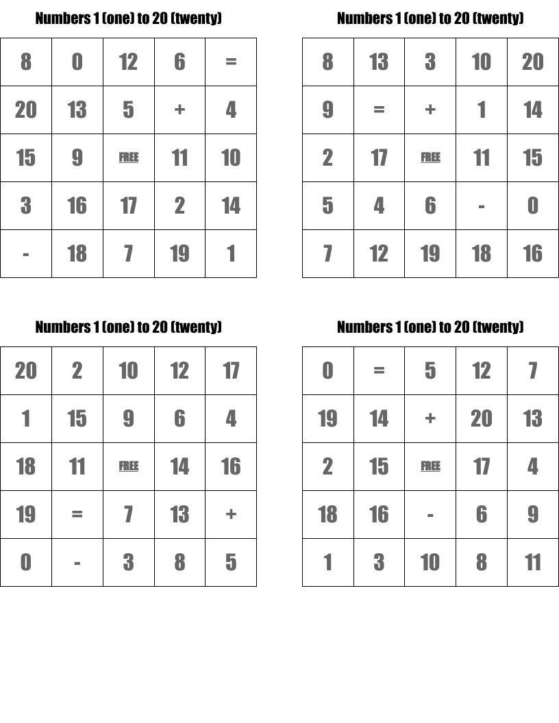 Numbers 1 (one) to 20 (twenty) Bingo Cards