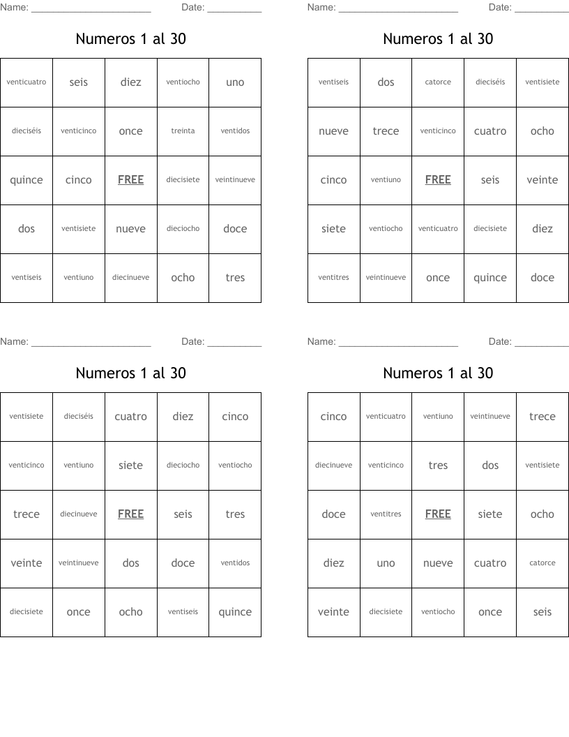Numeros 1 al 30 Bingo Cards