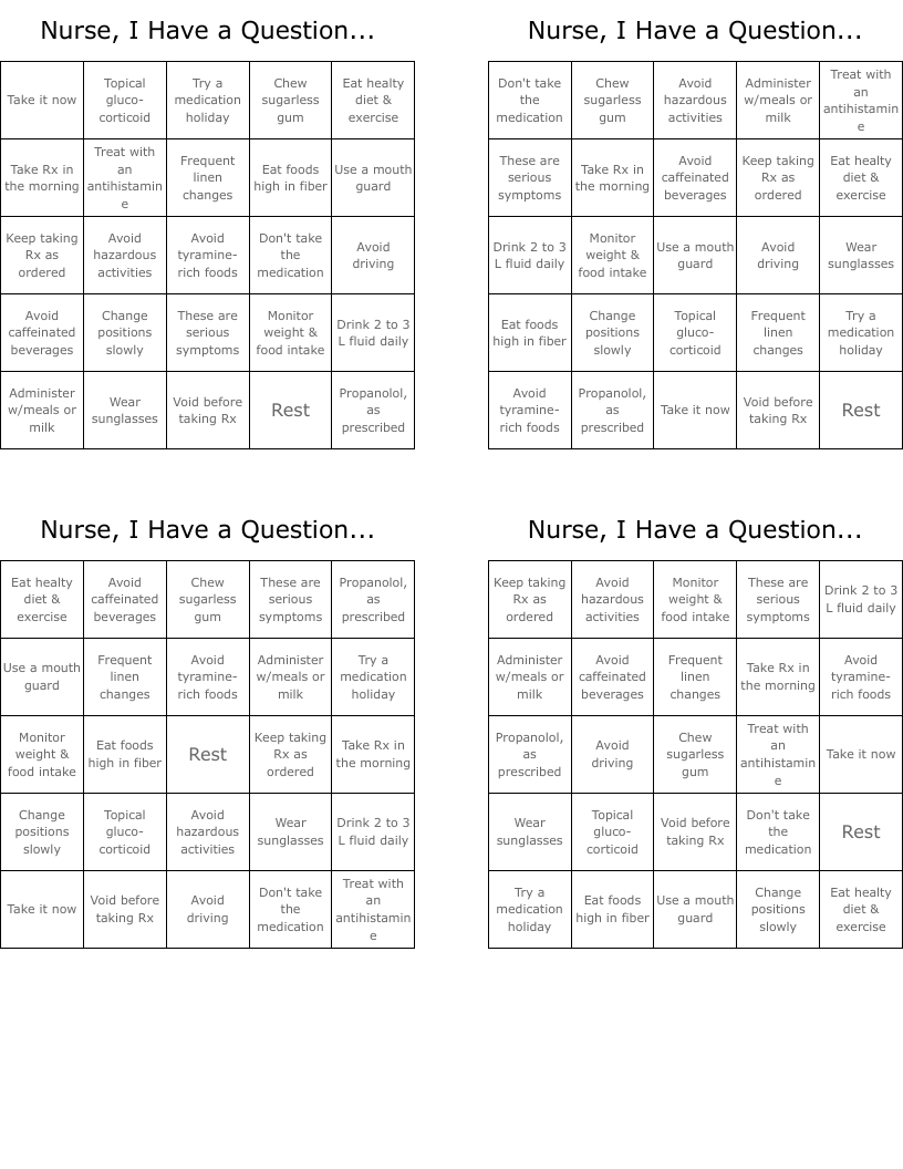 Nurse, I Have a Question... Bingo Cards