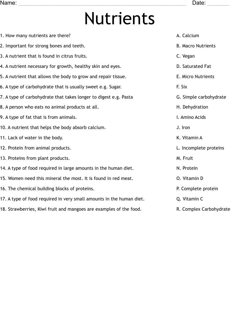 Nutrients Worksheet WordMint