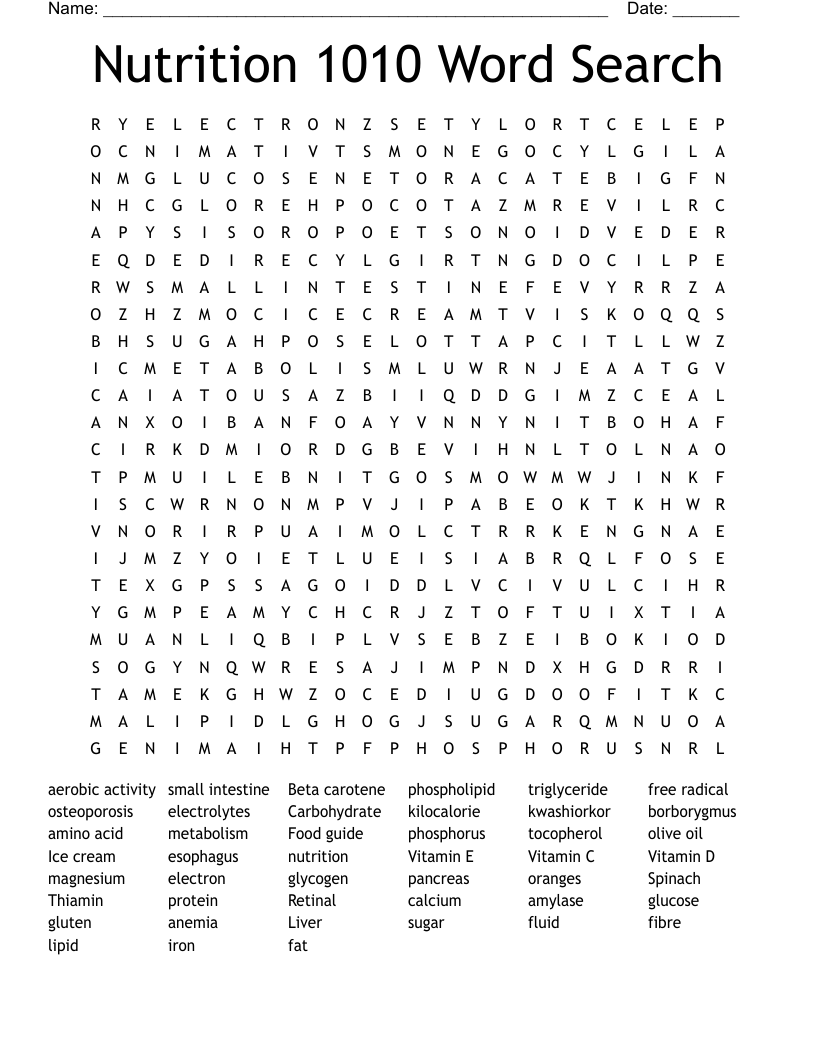 Nutrition 1010 Word Search WordMint
