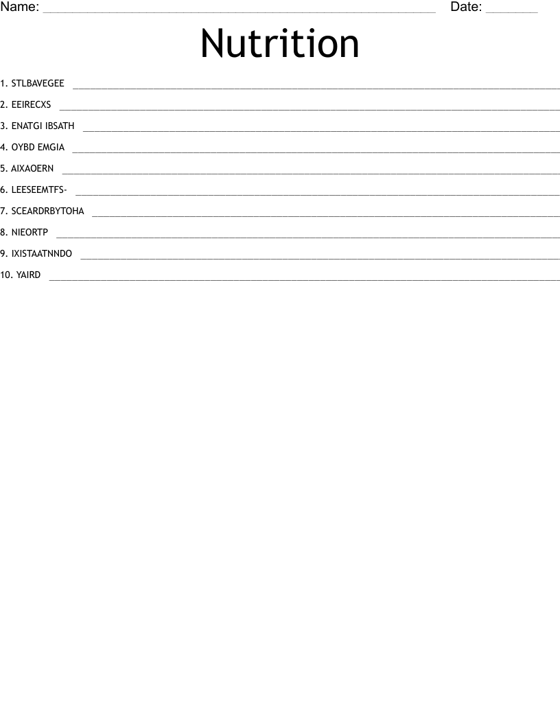 Nutrition Word Scramble