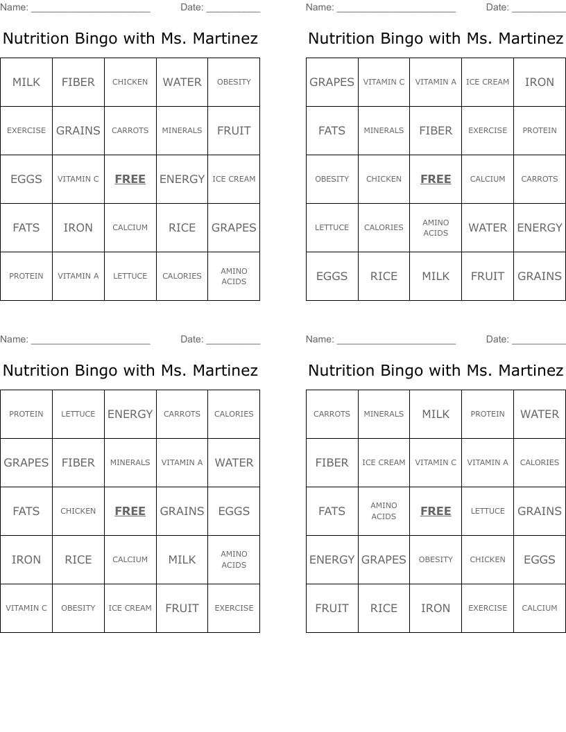 Nutrition Bingo with Ms. Martinez