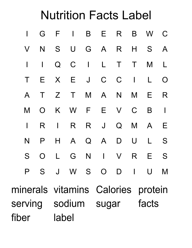 Nutrition Facts Label Word Search WordMint