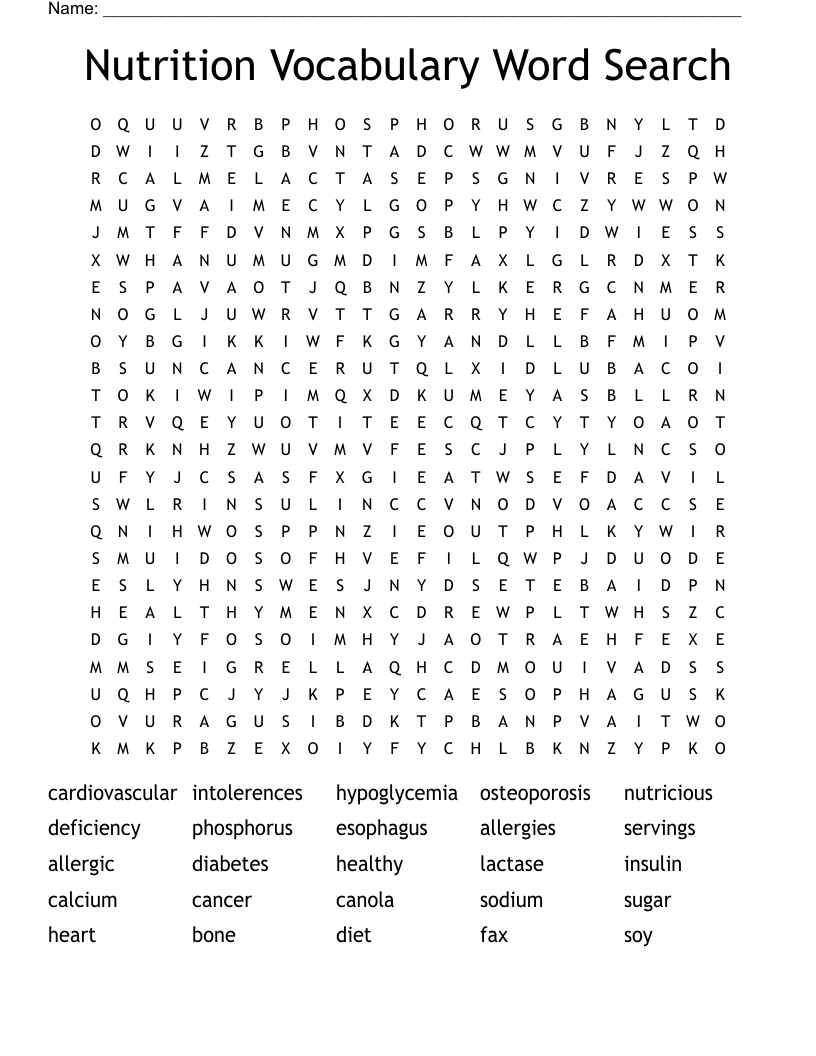 Nutrition Vocabulary Word Search WordMint
