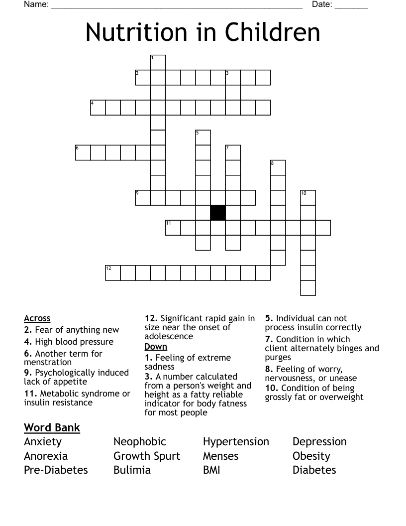 Nutrition in Children Crossword