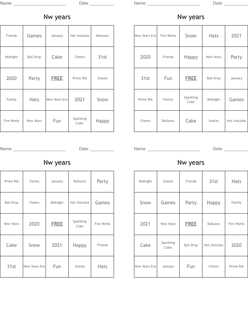 Nw years  Bingo Cards