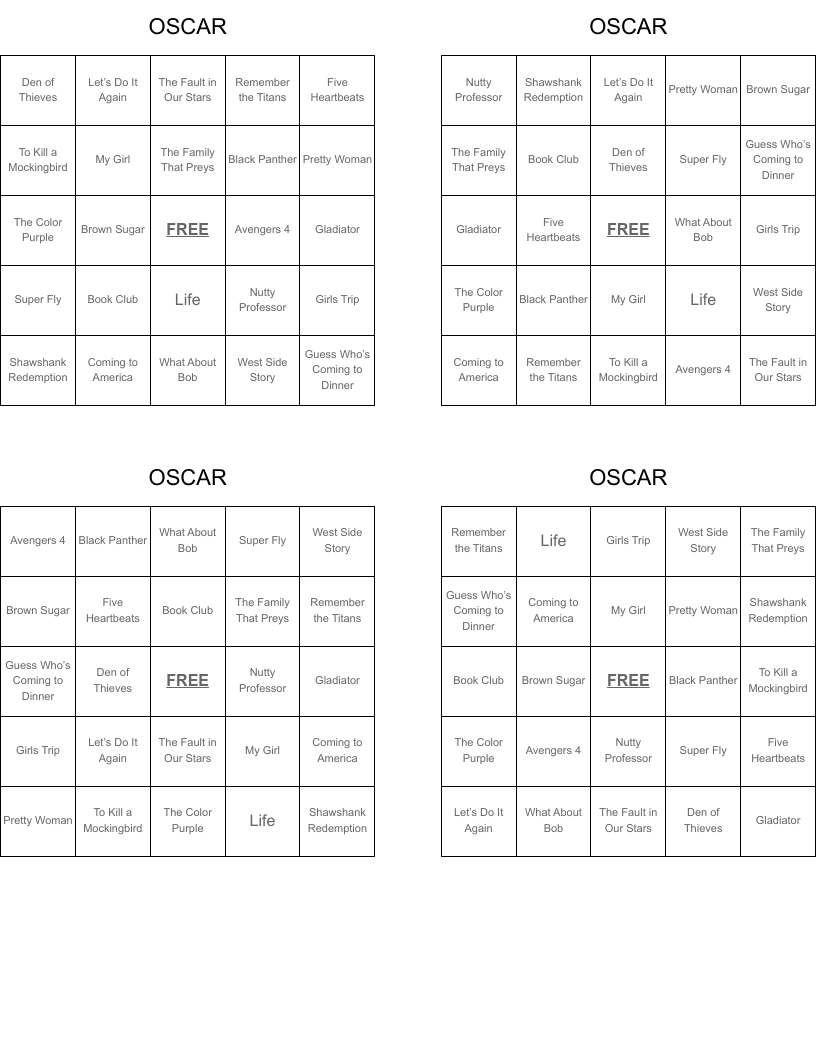 OSCAR Bingo Cards